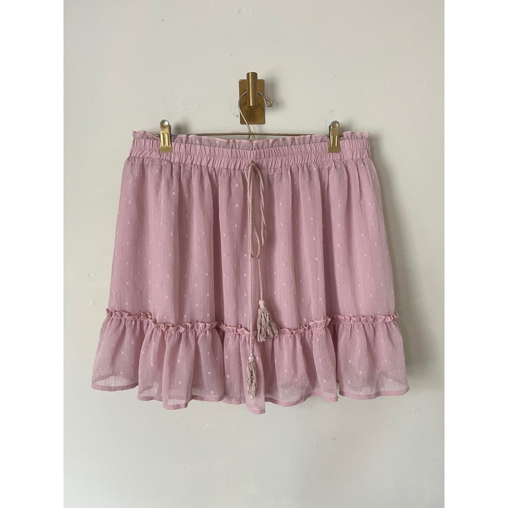 Allegra K Pink Swiss Dot Ruffle Mini Skirt XL Boho Fairycore Pastel Tassel Skirt